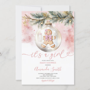 It's A Girl Pink Gingerbread Christmas Baby Shower Invitation