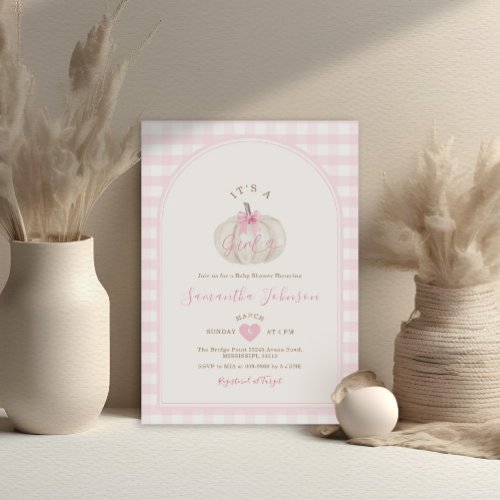 Its A Girl Pink Gingham White Pumpkin Baby Shower Invitation