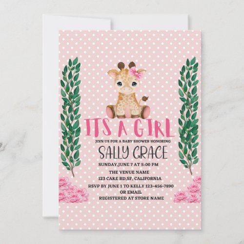 Its A Girl Pink Giraffe Baby Shower Invitation