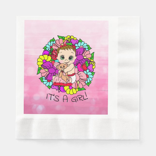 It's a Girl, Pink Girl's Baby Shower Caucasian Napkins (Front)