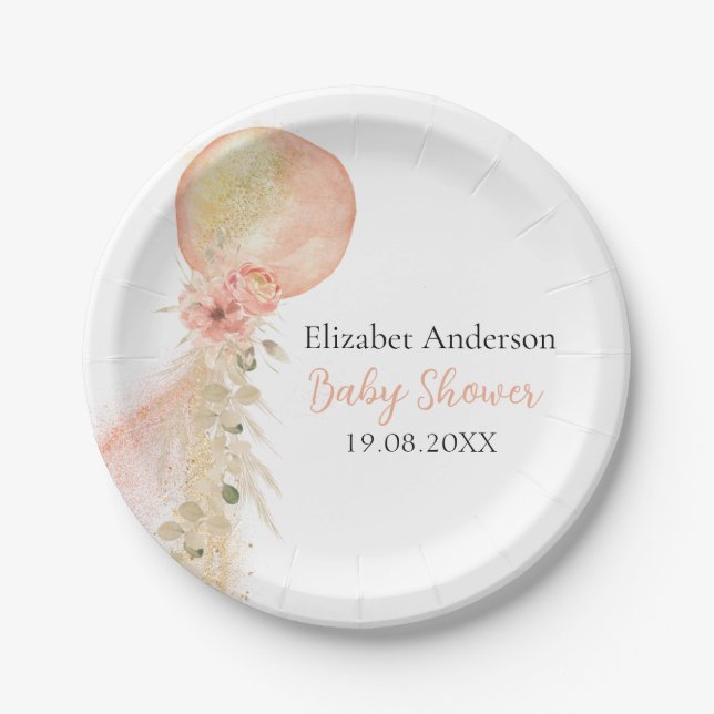 It's a Girl Pink Gold  Balloon Eucalyptus Paper Plates (Front)