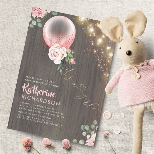 Its a Girl Pink Gold Balloon Rustic Baby Shower Invitation