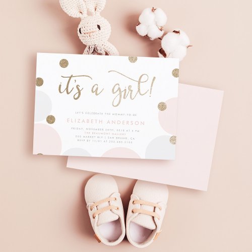 Its a Girl  Pink  Gold Confetti Baby Shower Invitation