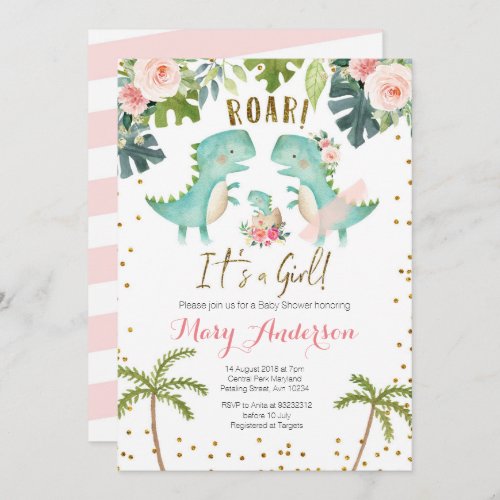 Its a Girl Pink Gold Dinosaur Couple Shower Invitation