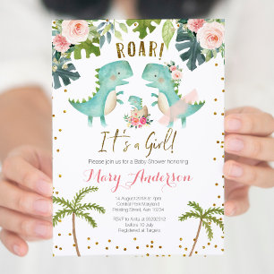 It's a Girl Pink Gold Dinosaur Couple Shower Invitation