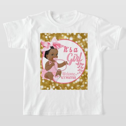 Its a Girl Pink  Gold Ethnic Baby Shower White T_Shirt