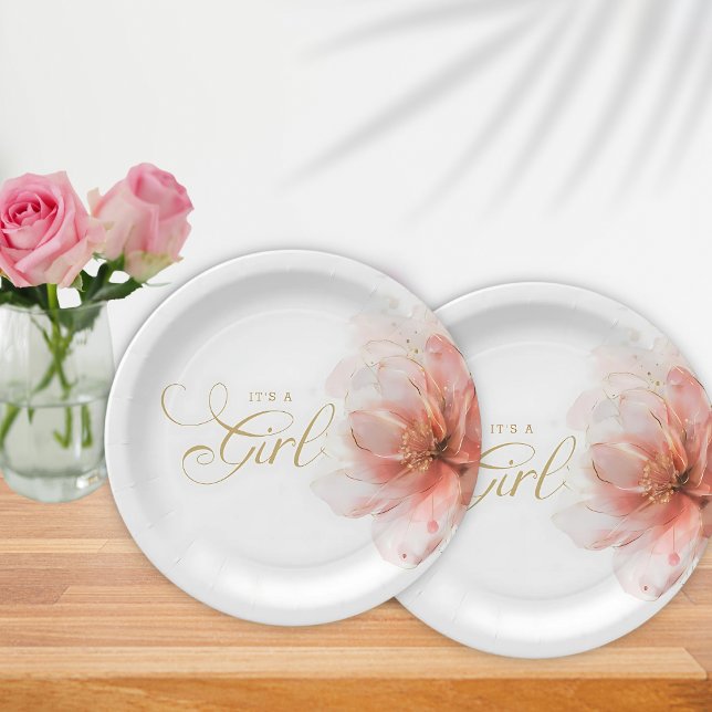 It's a Girl Pink Gold Floral Modern Baby Shower  Paper Plates (Creator Uploaded)