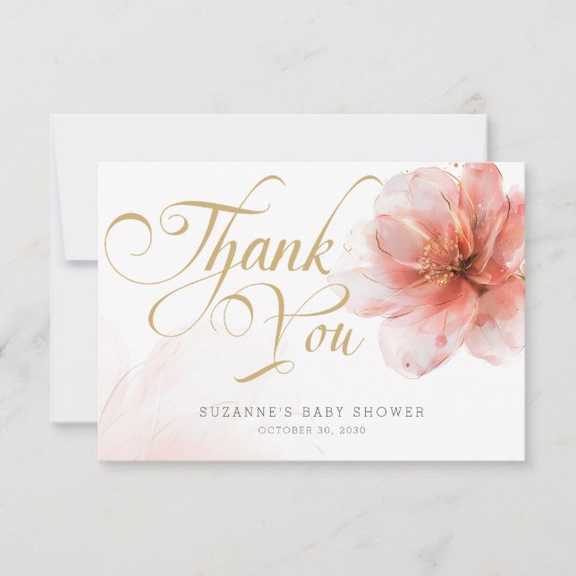 It's a Girl Pink Gold Floral Modern Baby Shower  Thank You Card (Front)
