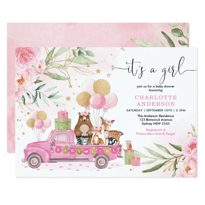 It&#39;s a Girl! Pink Gold Floral Woodland Baby Shower Invitation