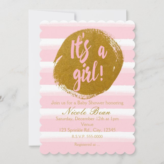 IT'S A GIRL Pink Gold Foil Watercolor Invitation (Front)