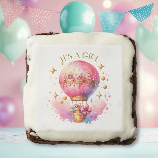 It's a Girl Pink Gold Hot Air Balloons Baby Shower Brownie