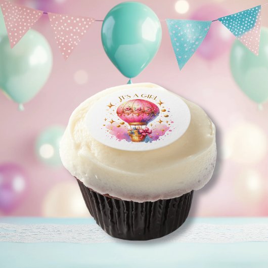 It's a Girl Pink Gold Hot Air Balloons Baby Shower Edible Frosting Rounds