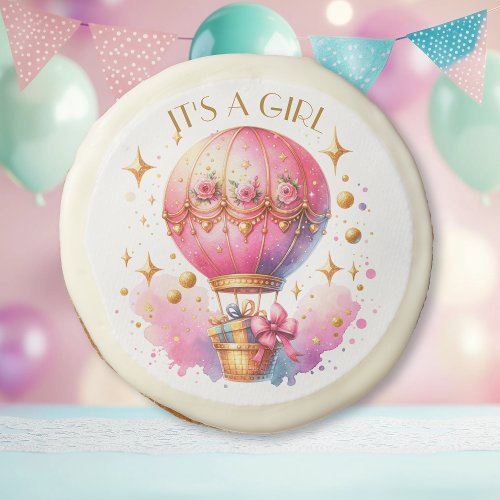 Its a Girl Pink Gold Hot Air Balloons Baby Shower Sugar Cookie