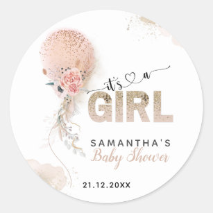 It's a Girl Pink Gold Pampas Balloon Baby Shower Classic Round Sticker