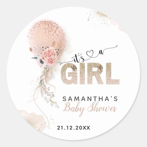 Its a Girl Pink Gold Pampas Balloon Baby Shower Classic Round Sticker