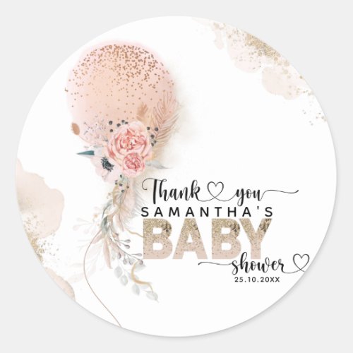 Its a Girl Pink Gold Pampas Balloon Baby Shower Classic Round Sticker