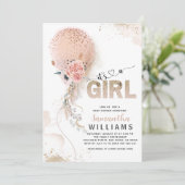 It's a Girl Pink Gold Pampas Balloon Baby Shower Invitation (Standing Front)