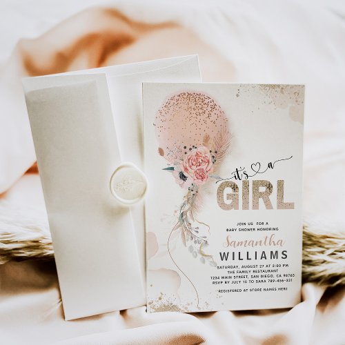 Its a Girl Pink Gold Pampas Balloon Baby Shower Invitation