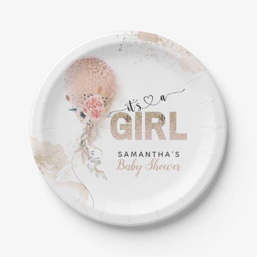 Its a Girl Pink Gold Pampas Balloon Baby Shower Paper Plates