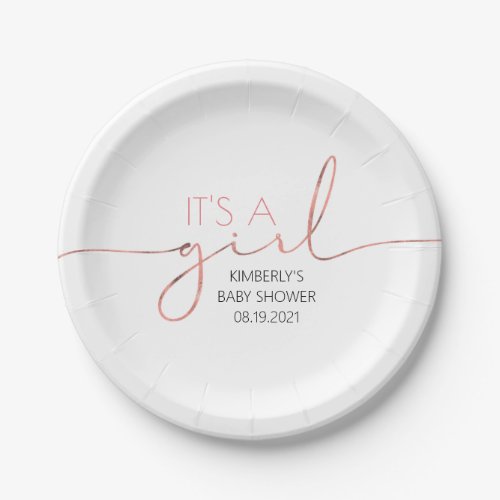 Its A Girl Pink Gold Script Baby Shower Modern Paper Plates