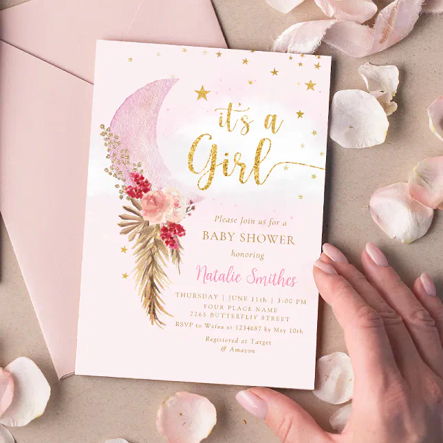Its A Girl Pink Gold Watercolor Floral Baby Shower Invitation | Zazzle