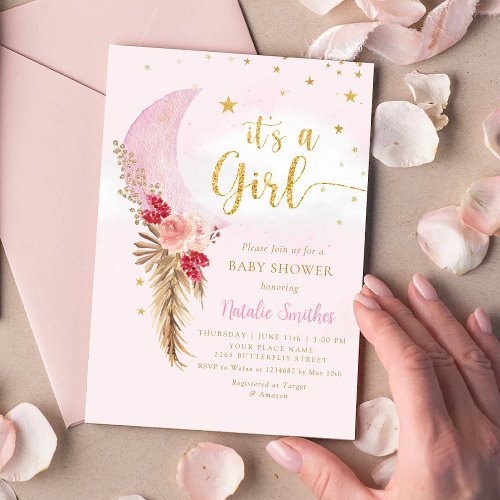 Its A Girl Pink Gold Watercolor Floral Baby Shower Invitation