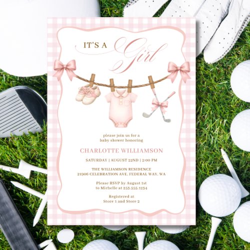 It's a Girl Pink Golf Clothesline Baby Shower Invitation