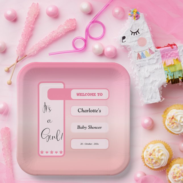 It's A Girl! Pink Gradient Cute Baby Shower Paper Plates (Party)