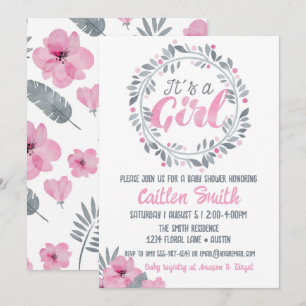 It's A Girl Pink Gray Floral Baby Shower Invitation