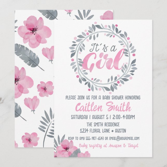 It's A Girl Pink Gray Floral Baby Shower Invitation (Front/Back)