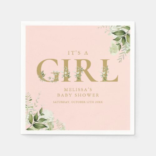 Its A Girl Pink Greenery Gold Letter Baby Shower  Napkins