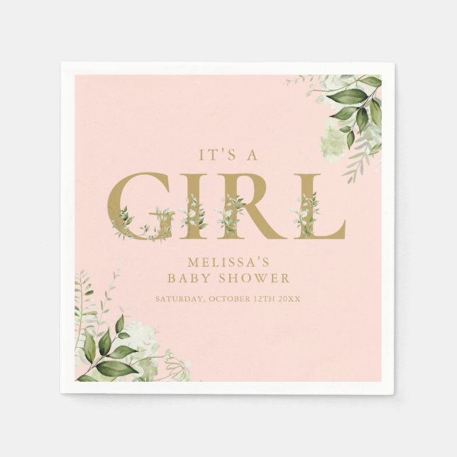 Its A Girl Pink Greenery Gold Letter Baby Shower  Napkins (Front)