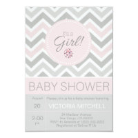 It's a Girl Pink/Grey Chevron Baby Shower Card
