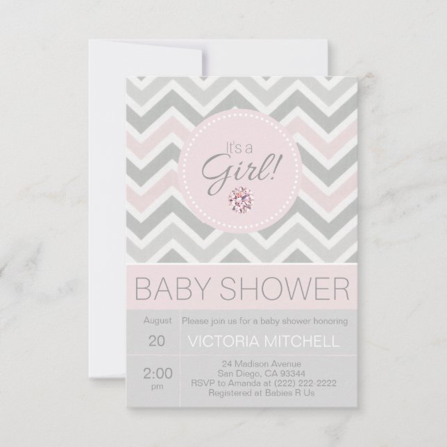 It's a Girl Pink/Grey Chevron Baby Shower Invitation (Front)