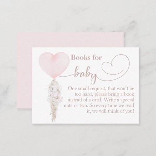 Its a Girl Pink Heart Balloon Baby Shower books Enclosure Card