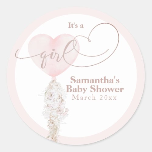 Its a Girl Pink Heart Balloon Baby Shower Classic Round Sticker