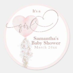 It's a Girl Pink Heart Balloon Baby Shower Classic Round Sticker