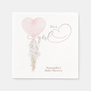 It's a Girl Pink Heart Balloon Baby Shower Napkins