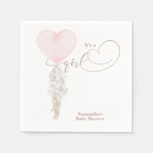 Its a Girl Pink Heart Balloon Baby Shower Napkins