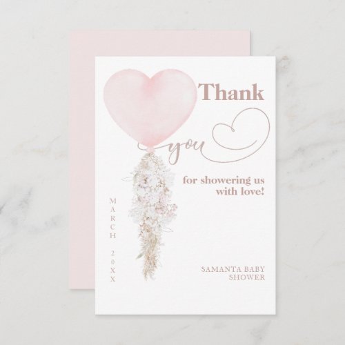 Its a Girl Pink Heart Balloon Baby Shower Thank You Card