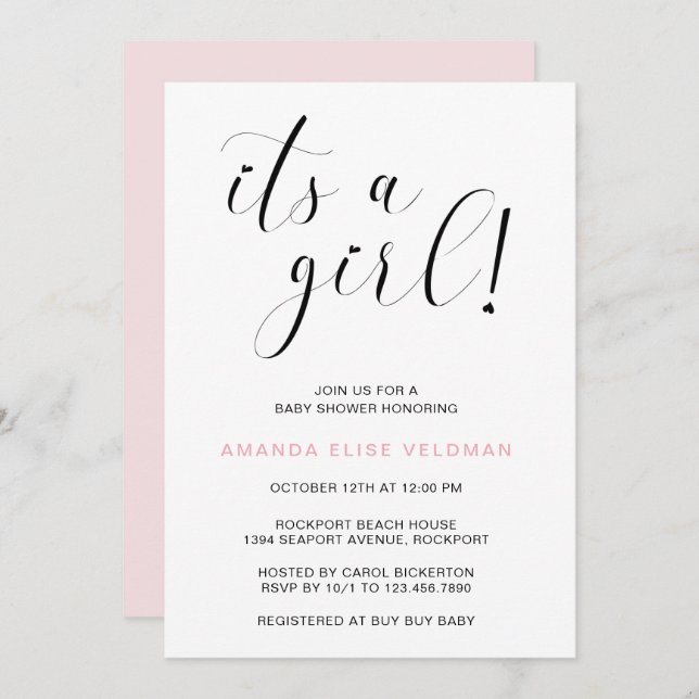 Its a Girl Pink Heart Typography Baby Shower Invitation (Front/Back)