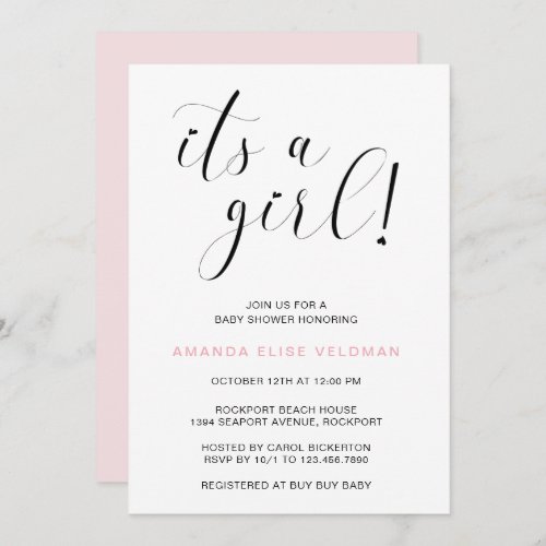 Its a Girl Pink Heart Typography Baby Shower Invitation