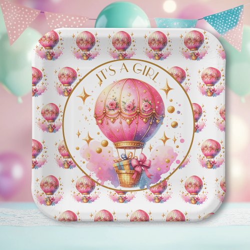 Its a Girl  Pink Hot Air Balloon Baby Shower Paper Plates