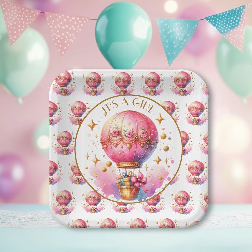 Its a Girl  Pink Hot Air Balloon Baby Shower Paper Plates