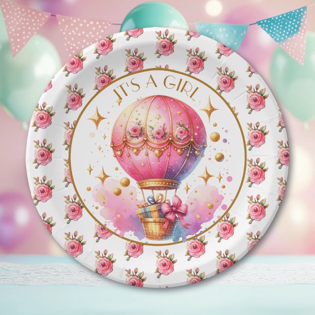 It's a Girl | Pink Hot Air Balloon Baby Shower Paper Plates (Creator Uploaded)