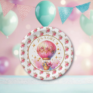 It's a Girl | Pink Hot Air Balloon Baby Shower Paper Plates
