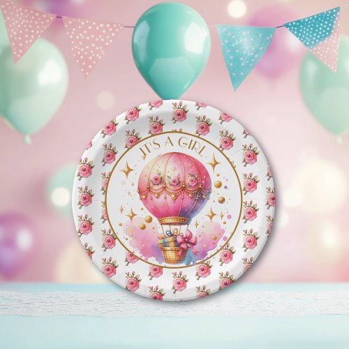 Its a Girl  Pink Hot Air Balloon Baby Shower Paper Plates