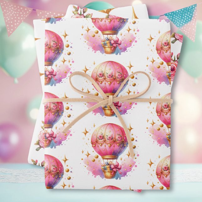 It's a Girl | Pink Hot Air Balloon Baby Shower Wrapping Paper Sheets (Creator Uploaded)