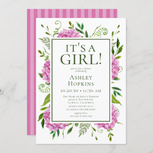 It's A Girl Pink Hydrangeas Baby Shower Invitation