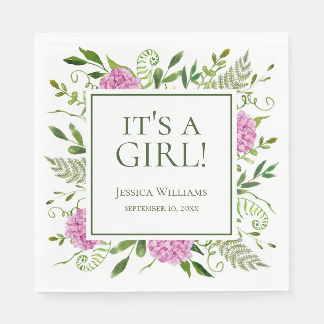 It's A Girl Pink Hydrangeas Baby Shower Napkins (Front)